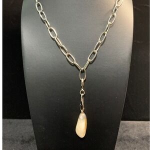 Twisted Silver Chunky Link Necklace with Raw Citrine Stone Pendant Toggle 18"